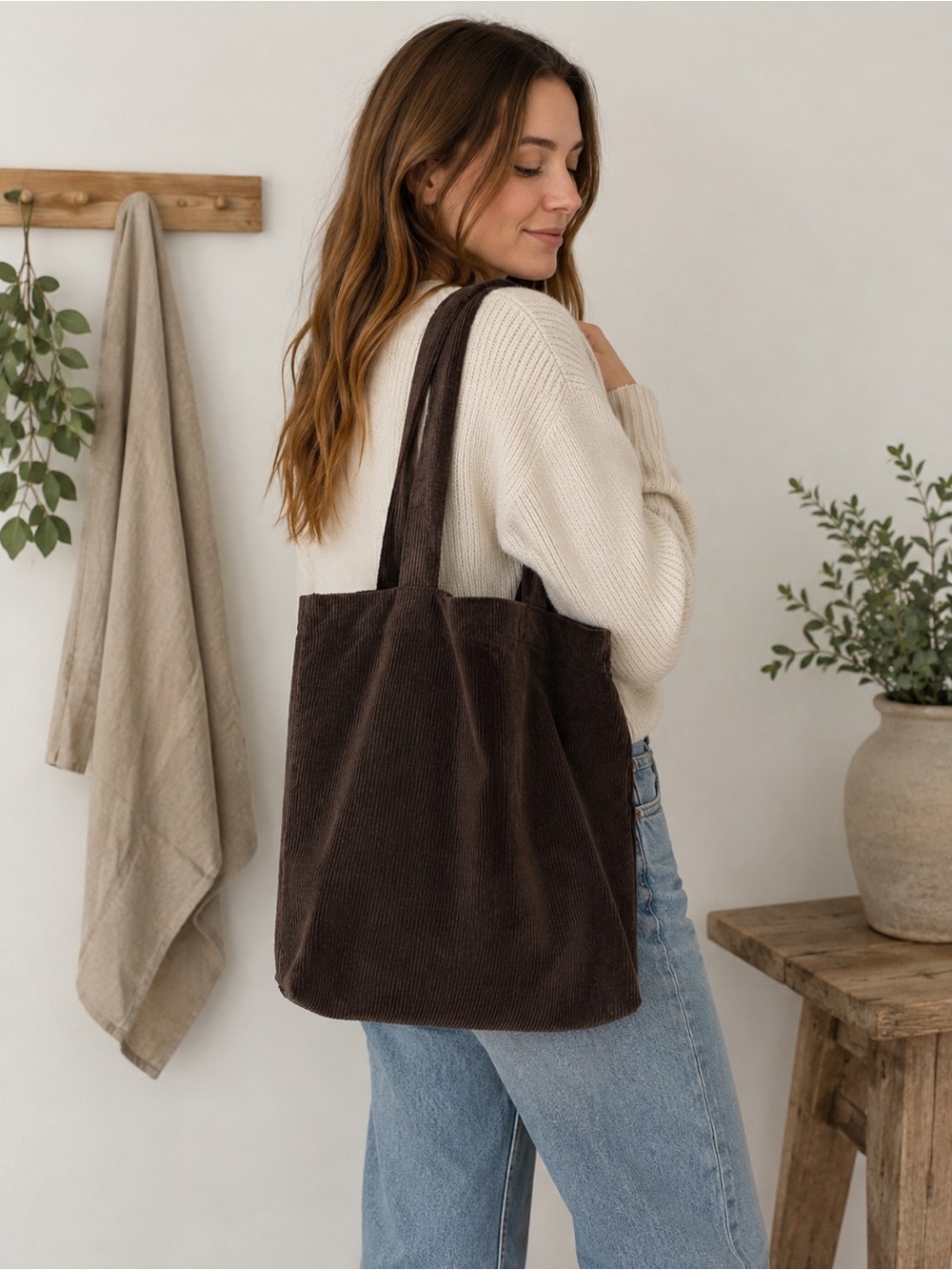 Brown Corduroy Tote Bag Large